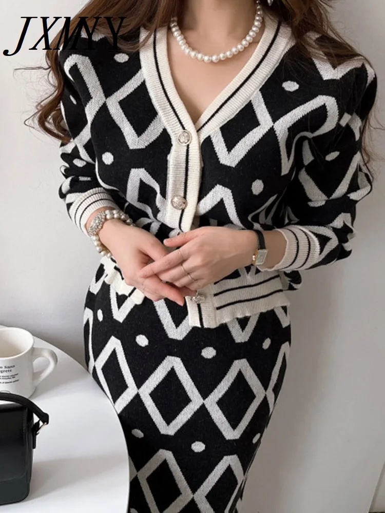 

JXMYY Spring And Autumn Fashion New Korean Chic Knitted Suit Elegant Cardigan Coat Skirt Two-Piece Suit women's Clothing