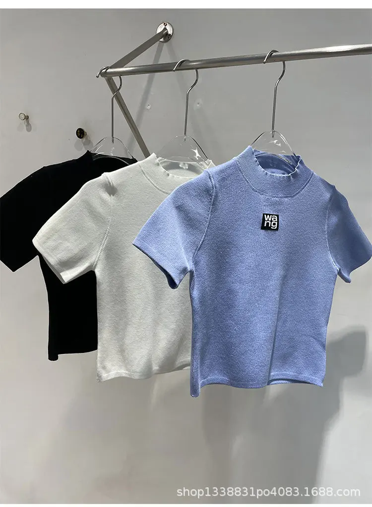 

Fashion Classic Luxury Designer cloth King New Knitted Elastic Open Navel T-shirt Half High Neck top