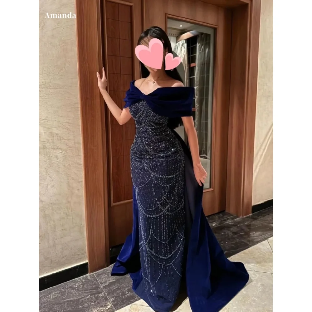 Фото Amanda Индивидуальные темно-синие шаль с бархатной шалью и бисером, вечерние платья с открытыми плечами, платье для выпускного вечера длиной до пола, 2024 №1