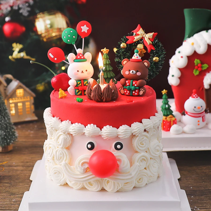 

Christmas Baking Cake Decoration Doll 3D Bear Bunny Snowman Christmas Night Scene Cake Topper Micro Landscape New Year Ornaments