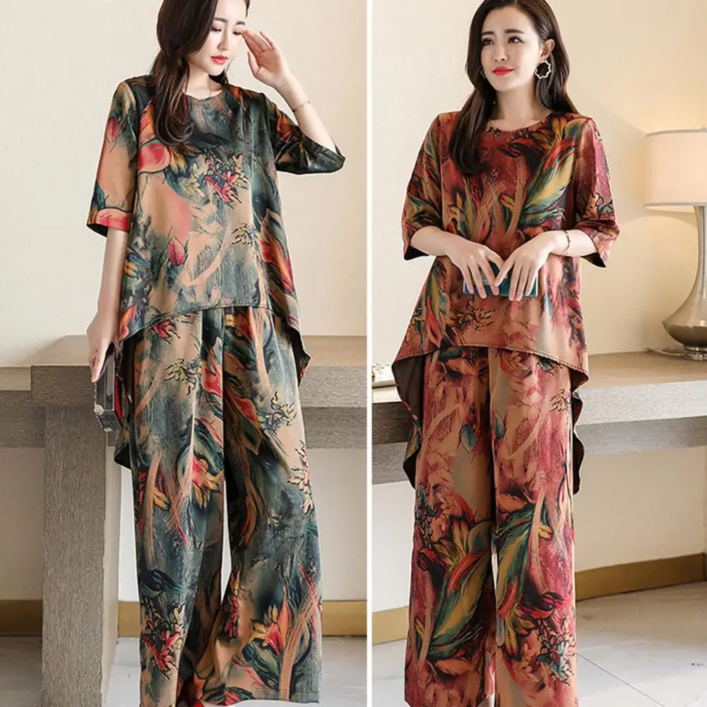 

2Pcs/Set O-Neck Half Sleeve Casual Outfit High Low Hem Elastic Waistband Pockets Women Retro Pattern Long Top Wide Leg Pants Set