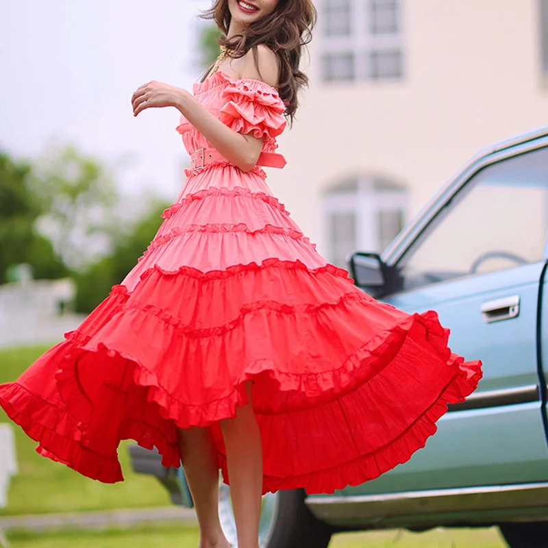 

New Autumn Women's One-shoulder Contrast Color Stitching Cascading Gradient Ruffle Holiday Style Pink Long Beach Dress