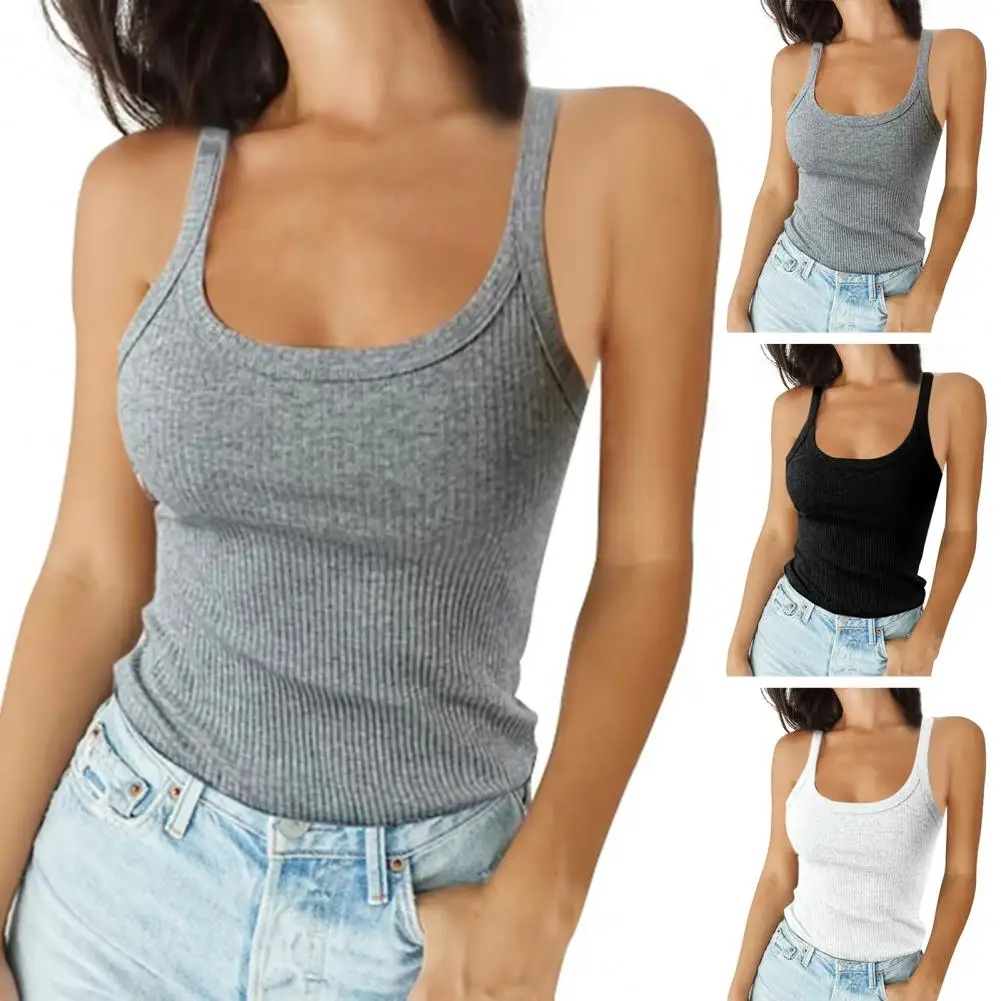 

O-Neck Sling Sleeveless Vest Top Ribbed Slim Fit Breathable Women Solid Color Elastic Camisole Streetwear