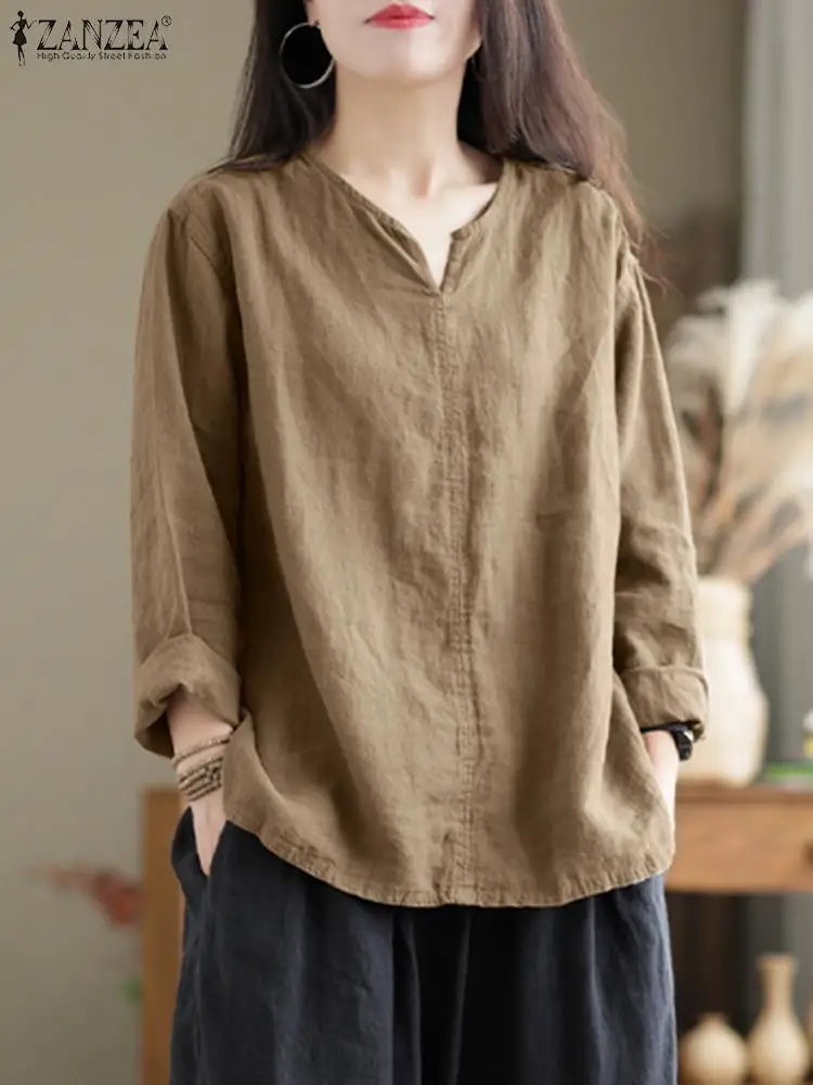 

ZANZEA Spring Fashion Women's Blouse V-Neck Long Sleeve Solid Color Shirt Casual Elegant Loose Tops Female Vintage Chemise 2023