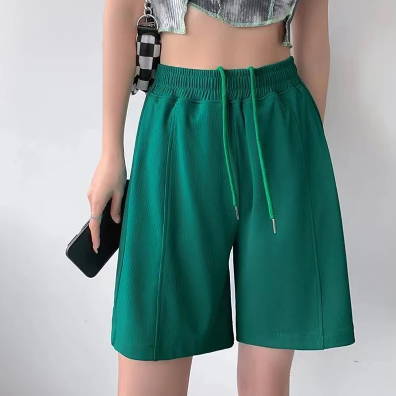 Rimocy Korean Style Loose  Women's Sports Shorts 2022 Summer Elastic High Waist Shorts Woman All Match Solid Color Shorts Female