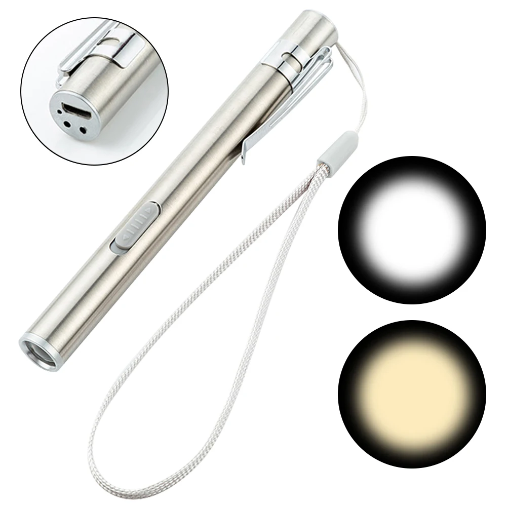 

Stainless Steel Portable With USB Rechargeable white + warm light Mini Torch Nursing Flashlight Pen Pocket for camping doctors