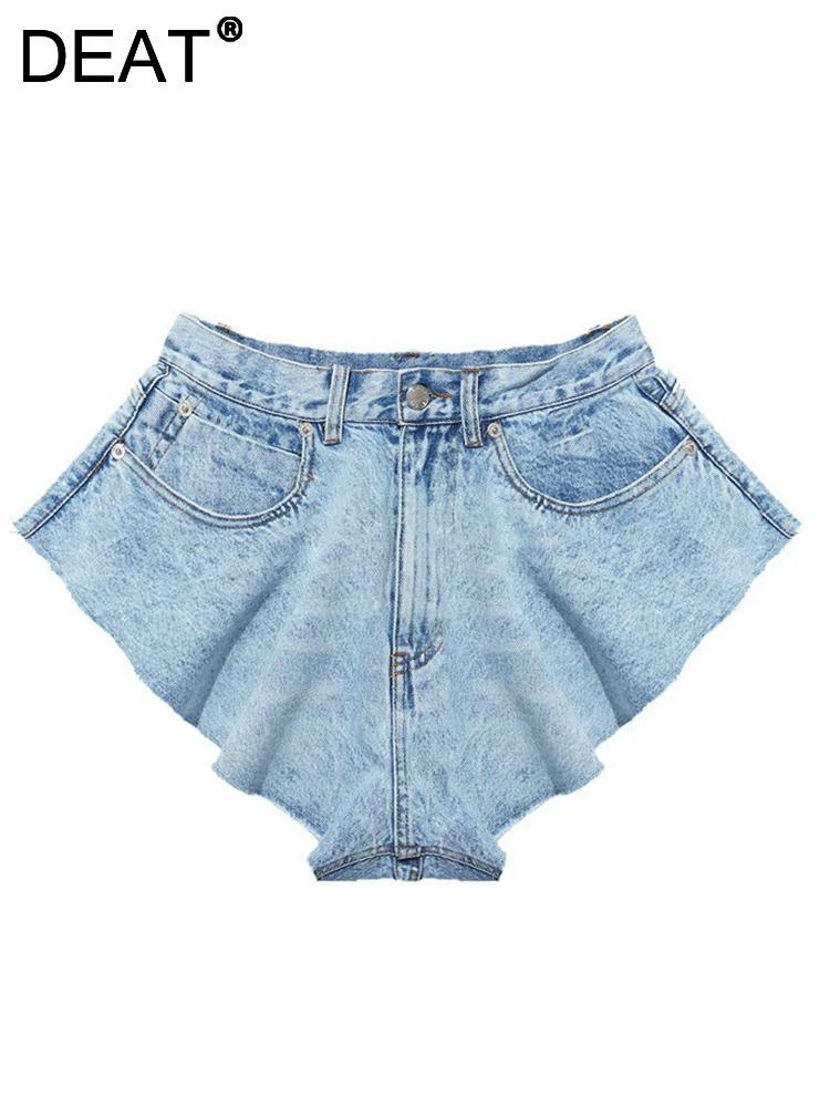 

DEAT Fashion Women Denim Shorts High Waist Loose Ruffles Hem Button Pockets Solid Color Rivet Short Jeans Spring 2023 New 1S770