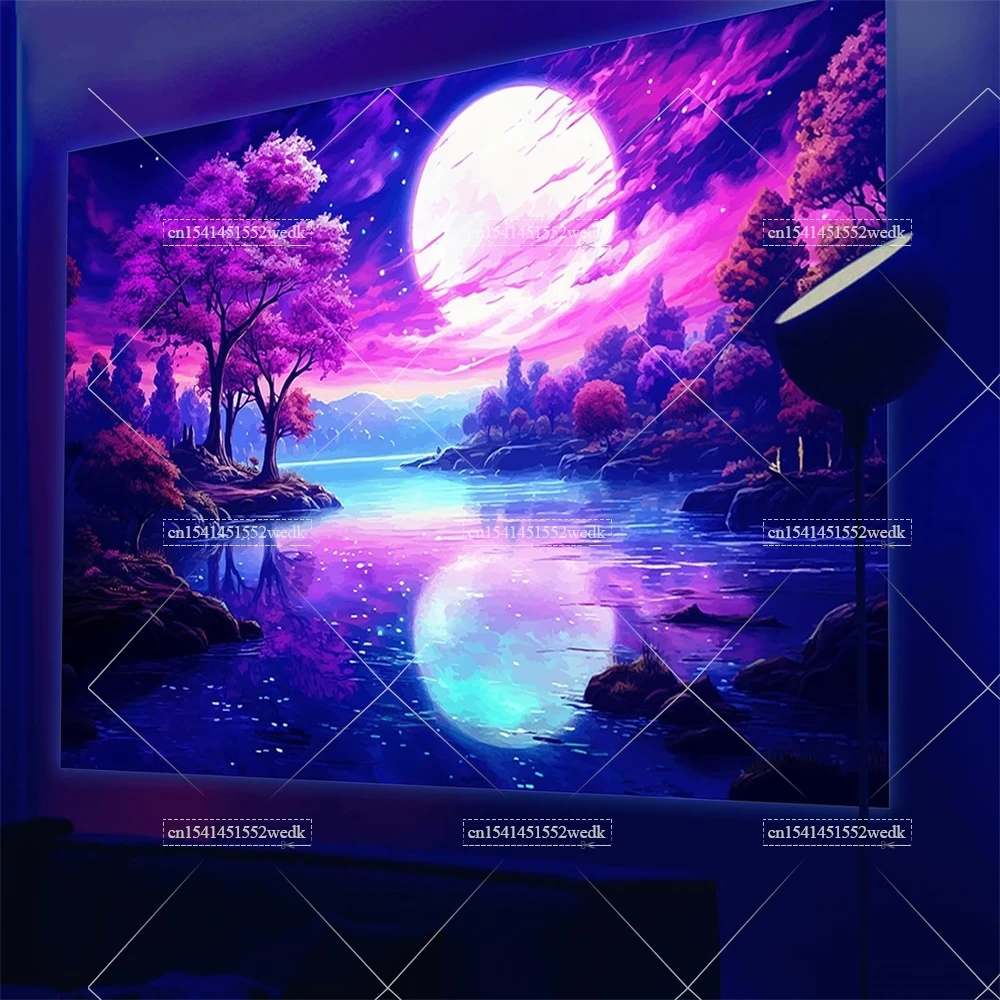 Гобелен с изображением гор Луны черного света УФ-реактивная фотография неоновое