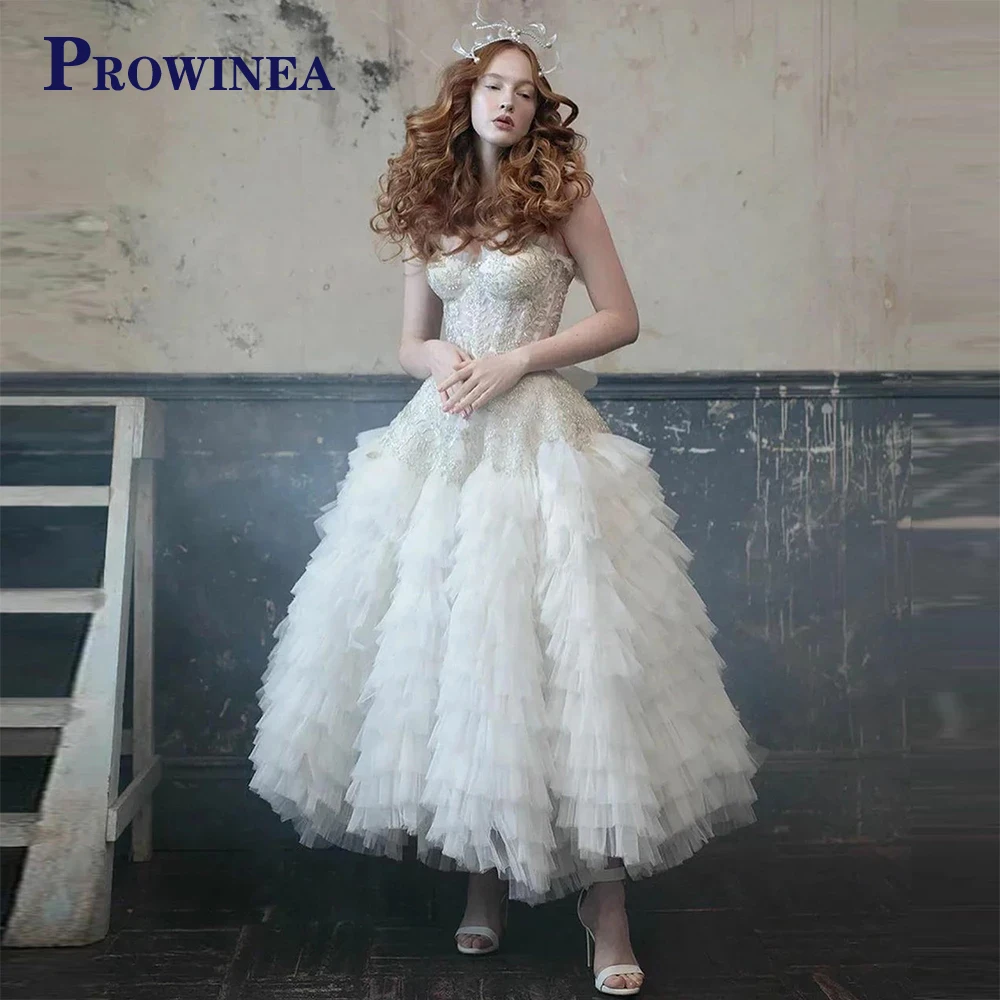 

PROWINEA Gorgeous Lace Appliques Ruffled Tulle Evening Dresses Ball Gown Beading Prom Gowns Sleeveless Tiered Robes De Soirée