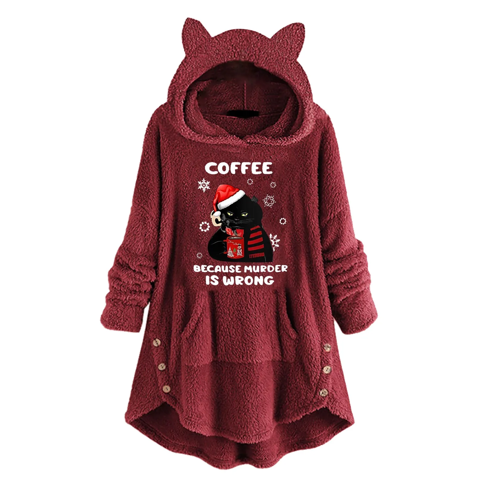 

Women's Long Sleeve Christmas Coffee Cat Printed Sweatshirt Pullover Hoodie Fleece Cute Shirt Loose Top Warm Roupas Femininas
