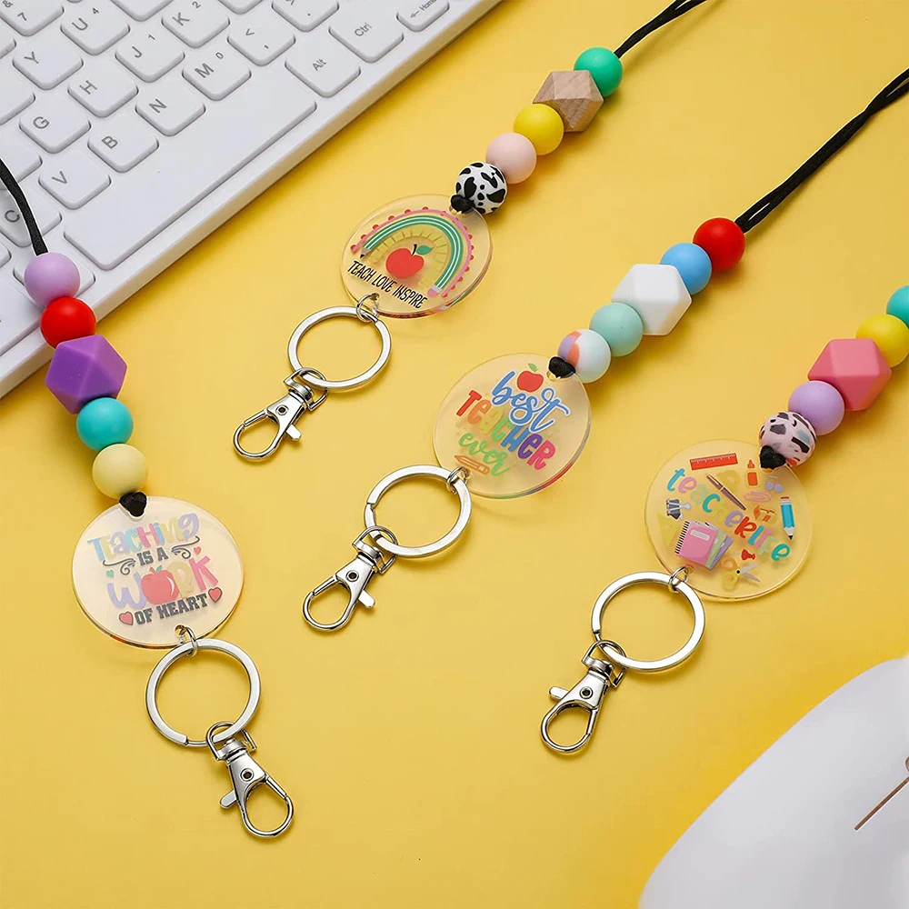 4pcs/set Teacher Lanyards for ID Badges Silicone Beaded Keychain Graduation Appreciation Gifts Cute Beaded Lanyards Keychain