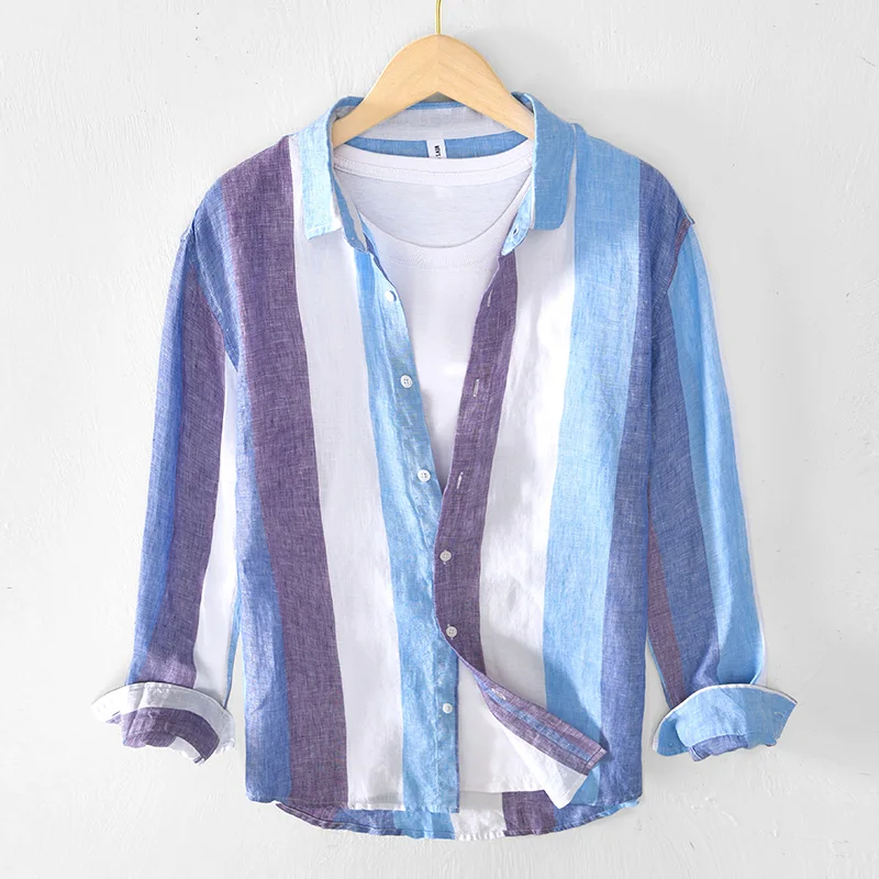 

Striped Long Sleeve Shirt for Men 100% Pure Linen Casual Tops Male Vintage Oversized Button Up Shirt