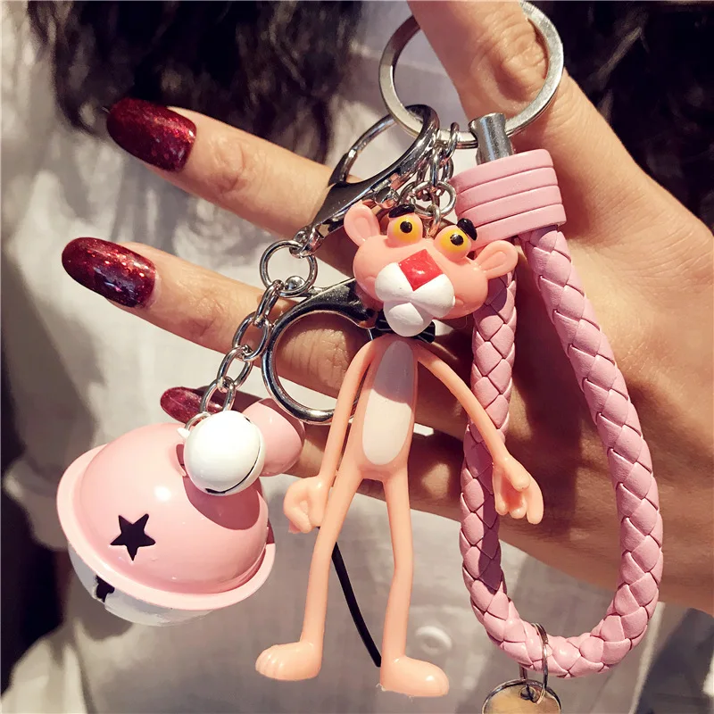 

Korean Couple Keychain Men's and Women's Pink Panther Key Pendant Cute Key Chain Ring Bell Pendant Gift Jewelry