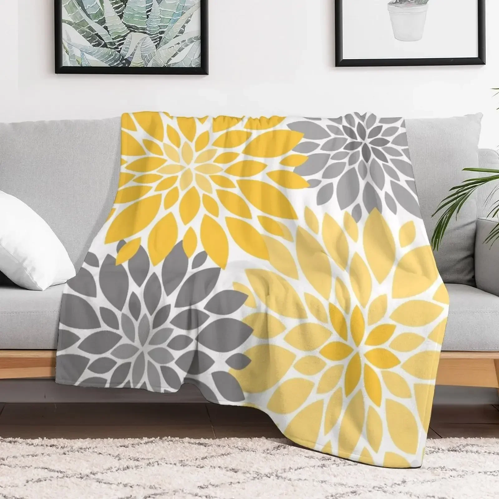 Желтое и серое одеяло с цветочным узором Dahlia тяжелые одинарные одеяла
