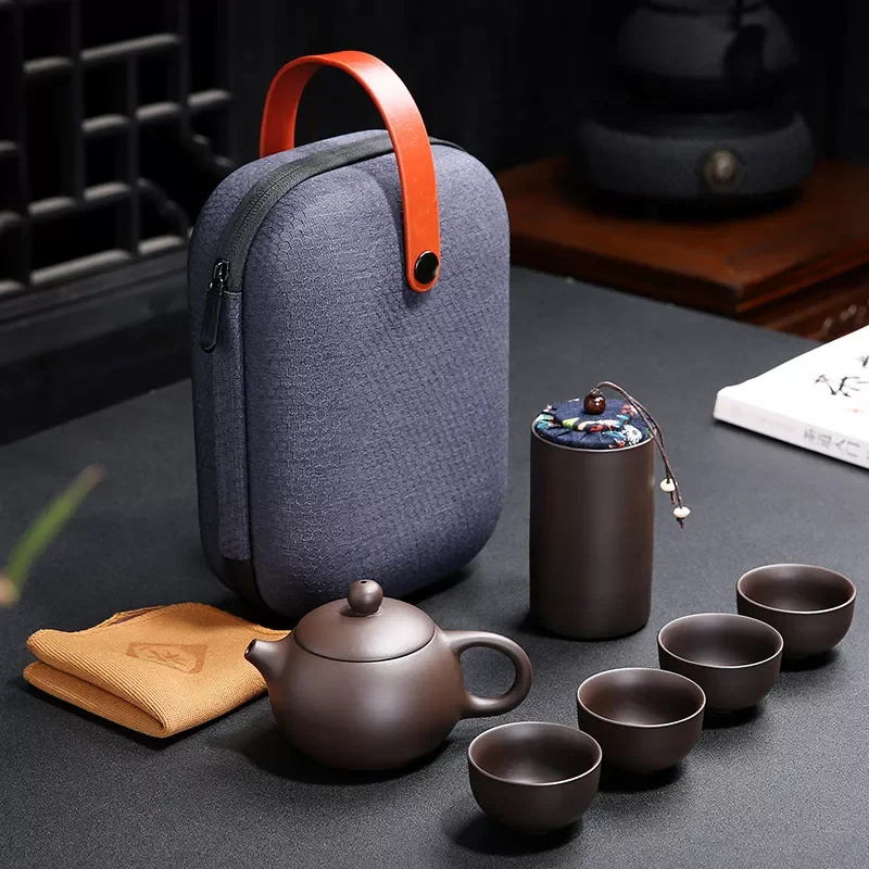 

Portable Travel Bag Purple Sand Chinese Kung Fu Tea Set Gaiwan Teapot Teacups Tea Sets Travel Tea Set Drinkware