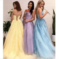 tulle prom dresses long party dress formal evening gown a line lace applique sleeveless with train vestido de festa homecoming