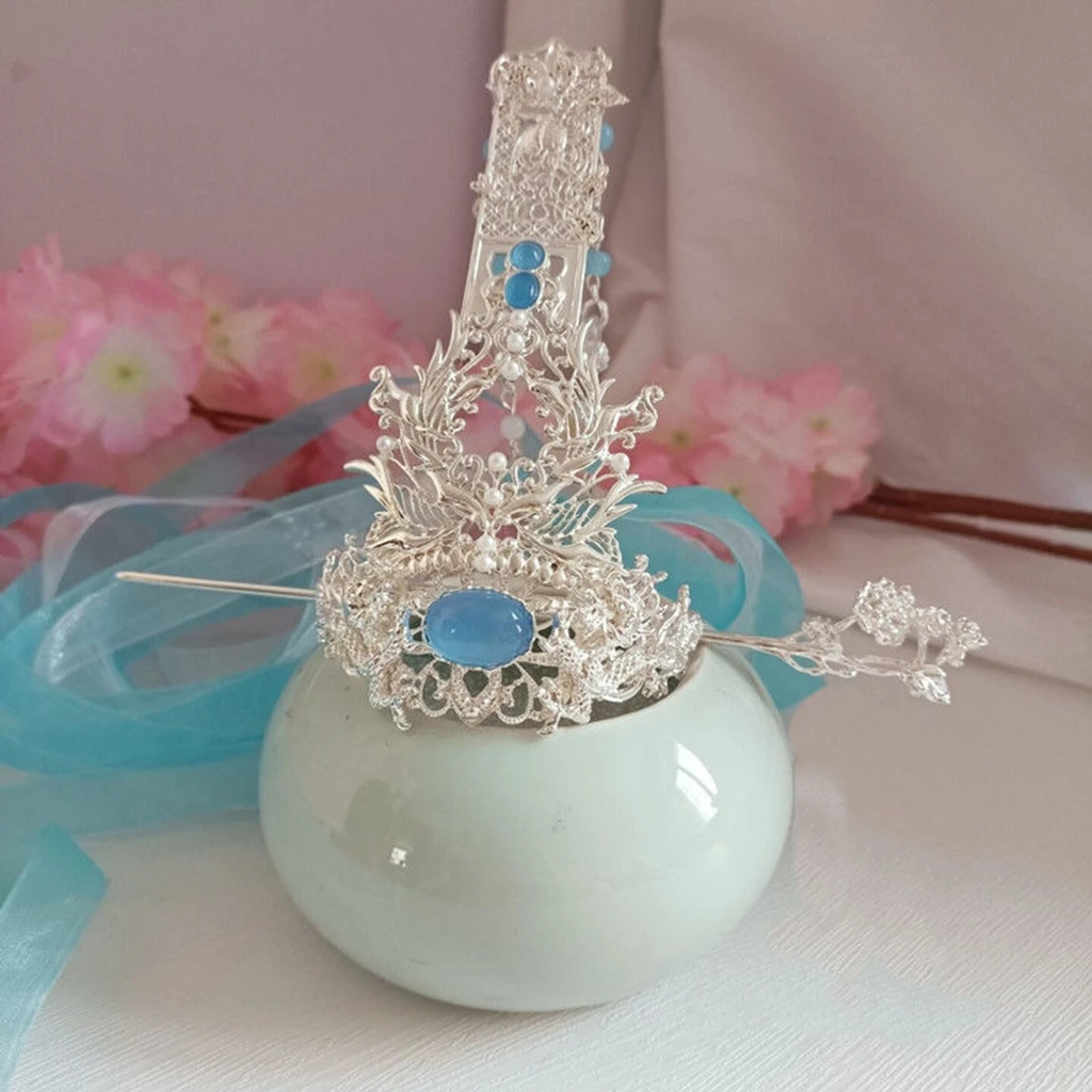 

Старинный Стиль Серебряный Дракон Жемчуг Корона волос с лентой Hanfu головной убор
