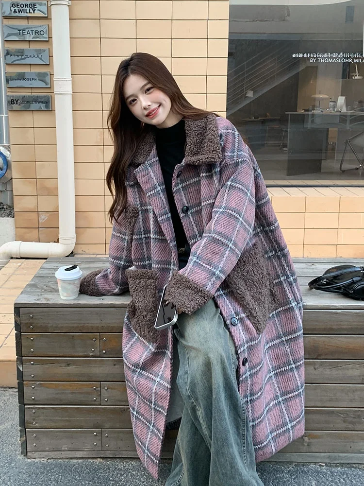 Корейская серия клетчатое шерстяное пальто женское 2024 зимнее новое длинное