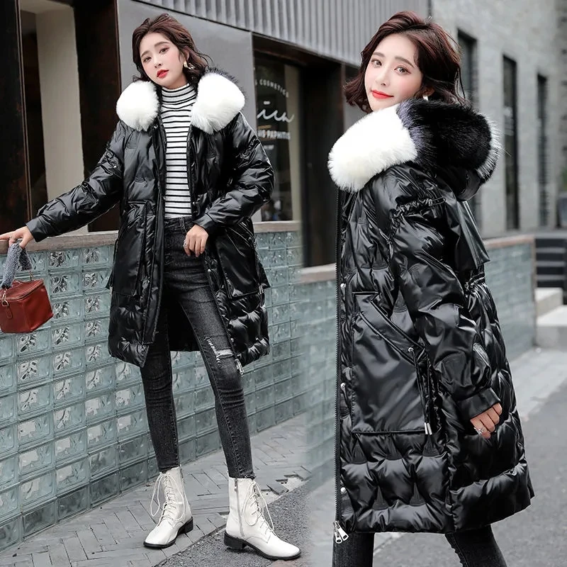 Down Jacket Women 2022 Winter New Hooded Warm Long Fur Collar White Duck Coat Female Casual Korean Loose Wash-free Shiny Parkas