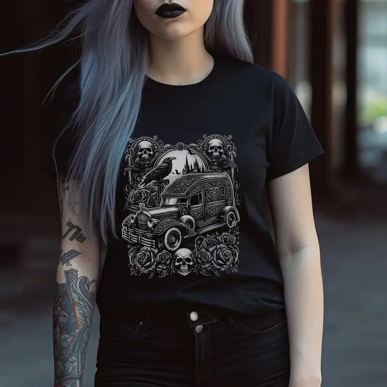 Фото Готическая футболка Hearse с черепами, вороны и темными розами — черно-серая футболка ужасов №2