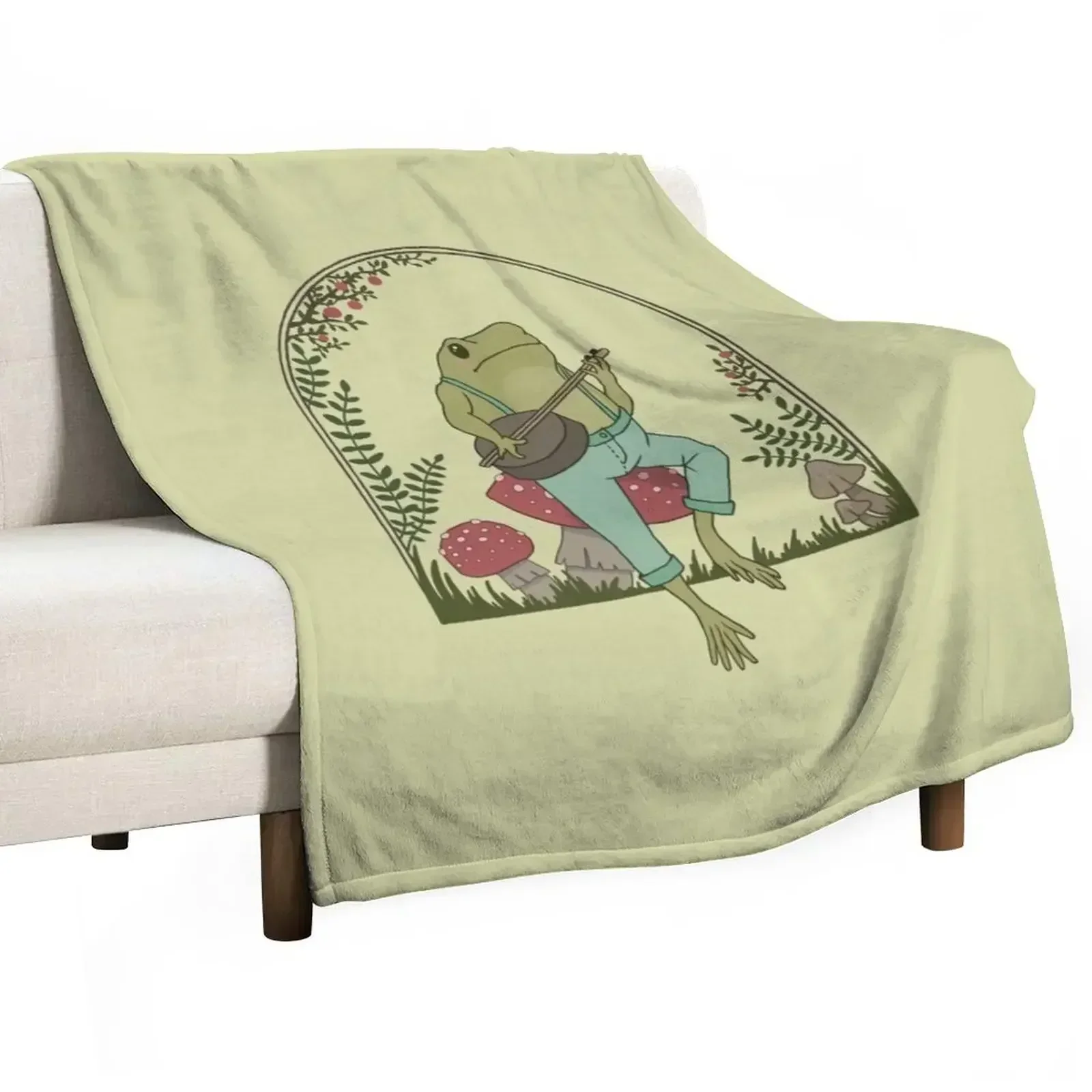 Cottagecore Aesthetic Frog Playing Banjo on Mushroom Cute Vintage - Фермерская жаба Goblincore в саду Темное одеяло