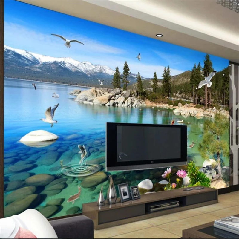 Customize High-definition natural lake scenery background mural decorative painting custom large green Self Adhesive wallpaper |