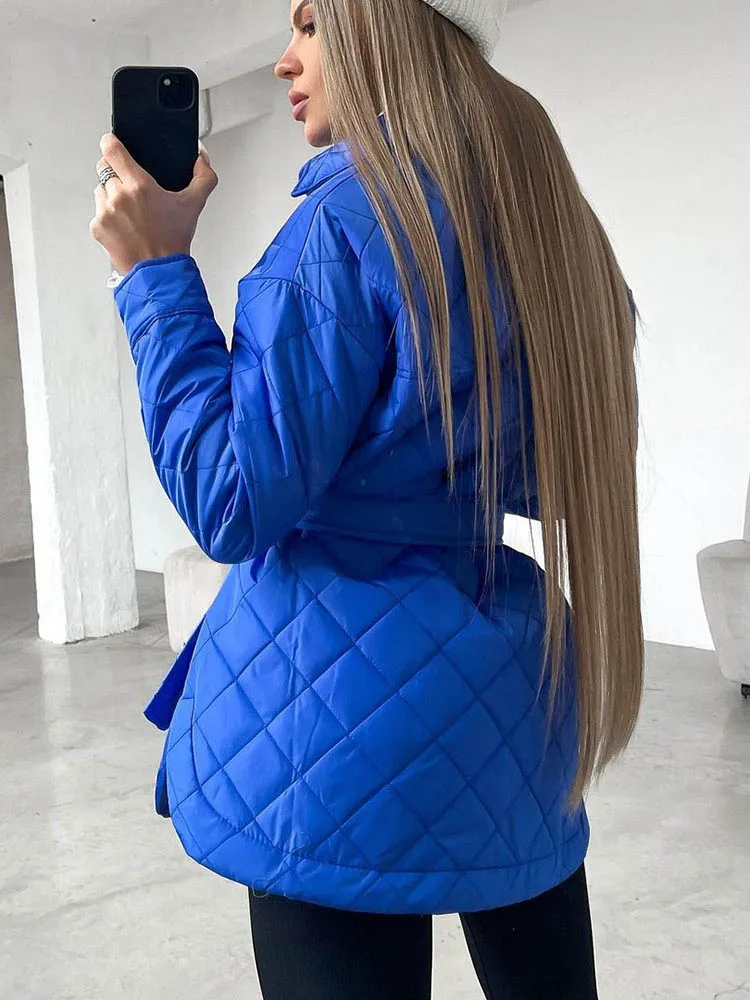 WeiYao Autumn Winter Parkas Long Sleeve Quilted Coats and Jackets for Women Warm Belt Trench Coats Down Jackets Clothes