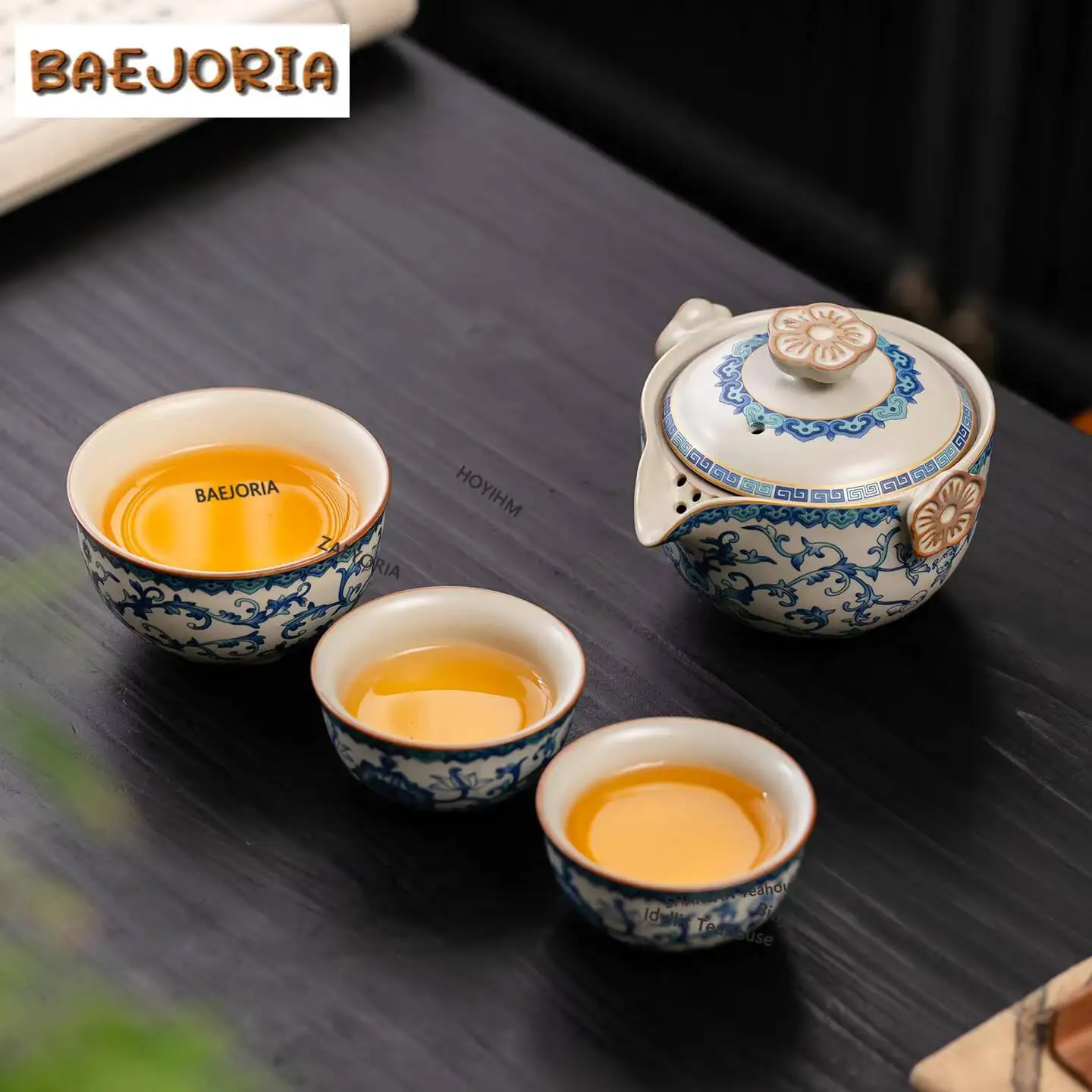 Фото BAEJORIA Ru Kiln Corianderma Truncatula Набор для чаепития в путешествиях, роскошный, 1 чайник, 3 чашки, органайзер для чайника, портативный, для использования на открытом воздухе, сумки для хранения. №5