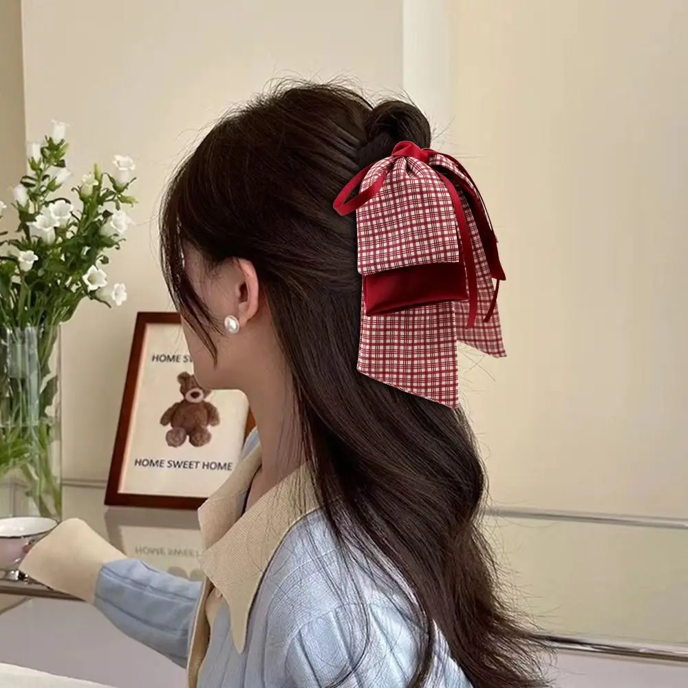Ретро корейский стиль милый бант заколка для волос клетчатый хвост пряжка зажим