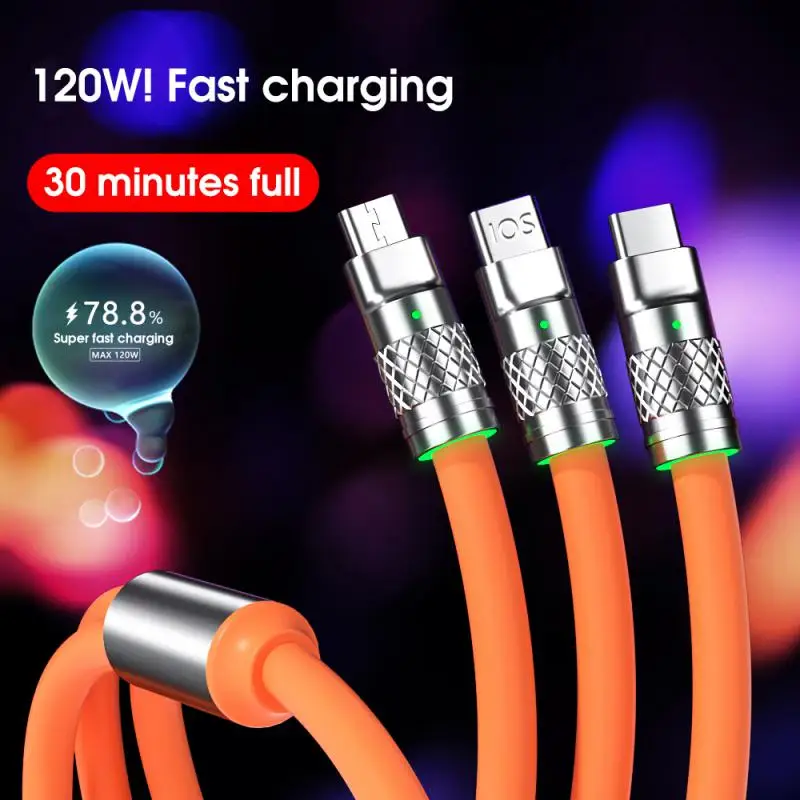 

3 Ports 6A Data Cable Quick Charging Line LED Indicator Light 120W Data Wire Type C USB Silicone Data Cable Iphone Apple Cables