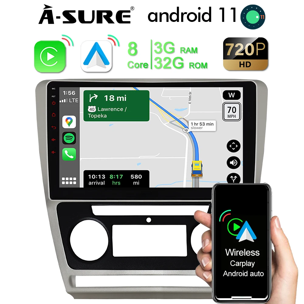 

A-Sure 10,1 дюймов Android 11 Беспроводной CarPlay автомобильный радиоприемник 8 ядер 3 + 32 ГБ DPS GPS навигация для Skoda Octavia II MK2 2004-2013