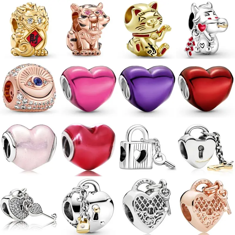 

Chinese Pixiu Tiger Metallic Pink Heart Padlock & Heart Key Pendant Bead 925 Sterling Silver Charms Fit Fashion Bracelet Jew