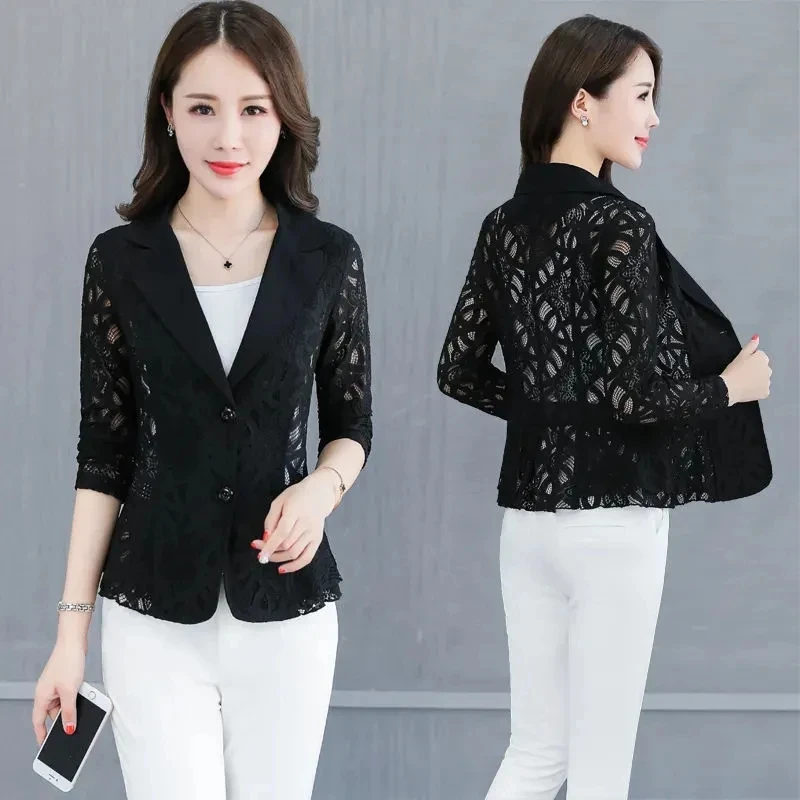 

Women's Blazer Jacket Korean 2023 Spring Summer New Slim Lace printing Small Suit Jackets Female Elegant Thin Blazers Women Coat