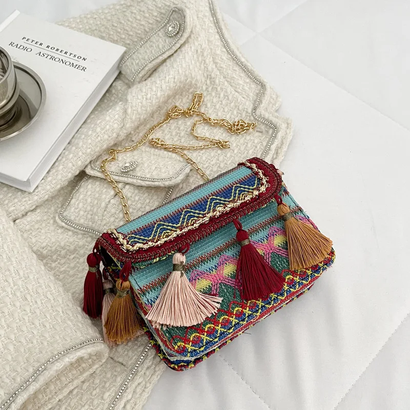 

Chain Small Square Bag Female 2022 New Internet Celebrity Ethnic Style Messenger Bag Canvas Tassel Small Bag