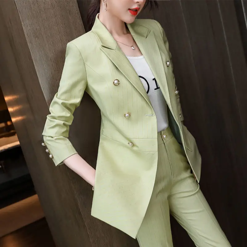 Two-piece Sets Double Breasted Notched Blazer Office Suit Pantsuit Solid Long Sleeve Suit Trousers Blazer Women Mujer L71