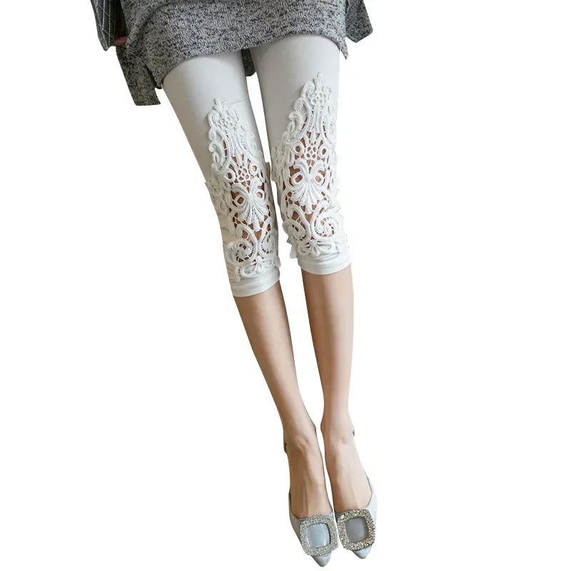 

Women Summer Pants Hollow Lace Stretch Leggings Sports Fitness Skinny Mid-Calf Cotton Stitching White Black Pink Bottom