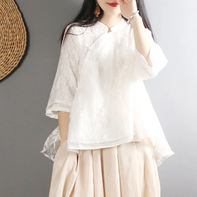 

Chinese style women's retro buttoned cotton and linen shirt literary cheongsam improved Hanfu white organza shirt