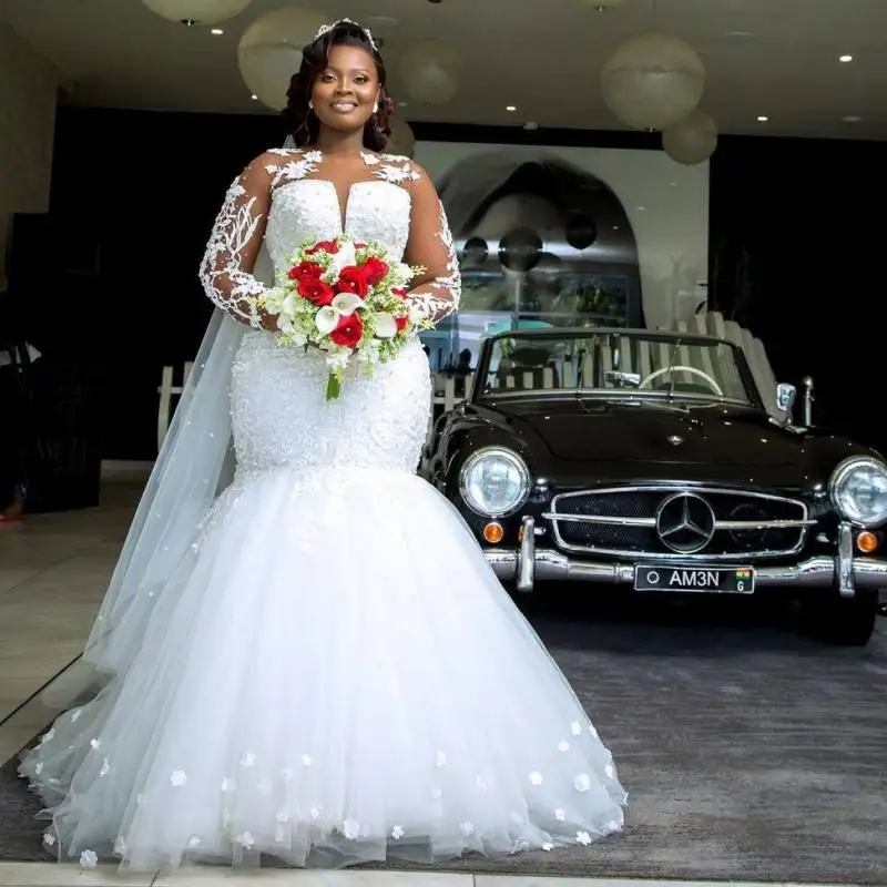 

Charming Black Women Long Sleeve 2022 Mermaid Wedding Dresses New Bridal Dress 3D Flower Applique Bride Gown
