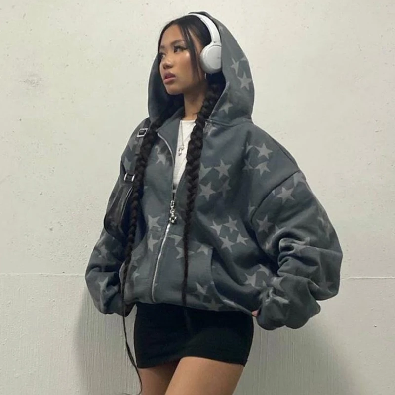 

Women Star Graphic Hoodies 2023 Retro Y2K Punk Oversized Long Sleeve Sweatshirt Jacket Men Spring Harajuku Loose Zipper Hoodies
