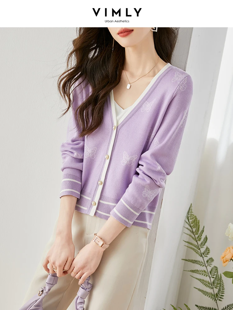 Vimly Cropped Knitted Cardigan Sweater Women Purple Elegant Office Ladies V Neck Early Spring 2023 New Korean Style Tops 71382