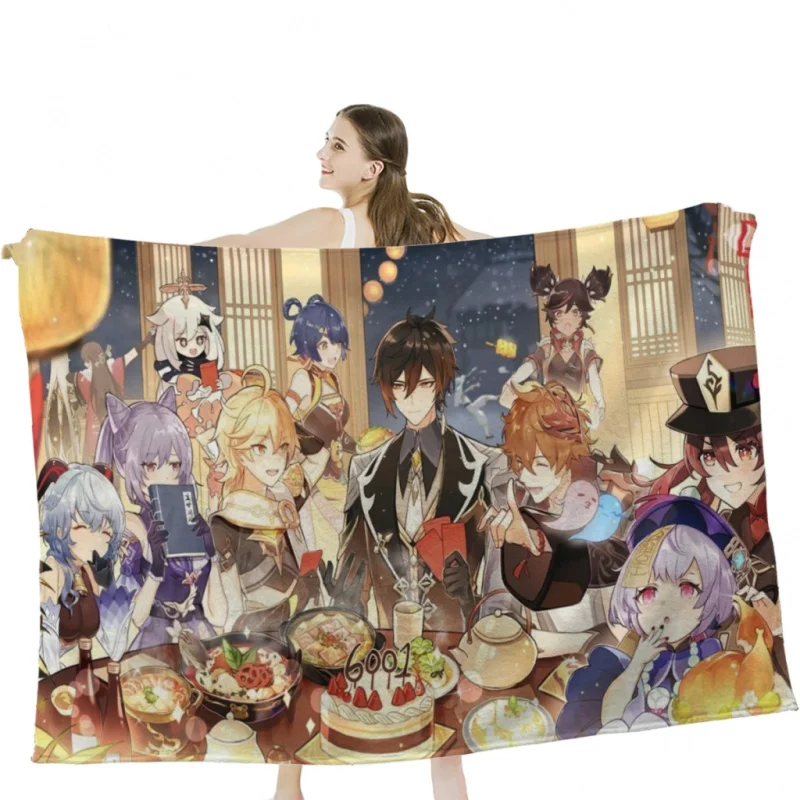 

Genshin Impact Characters Chibi Assemble Throw Blanket Soft Velvet Blanket Camping ,Travel Bedding Blanket