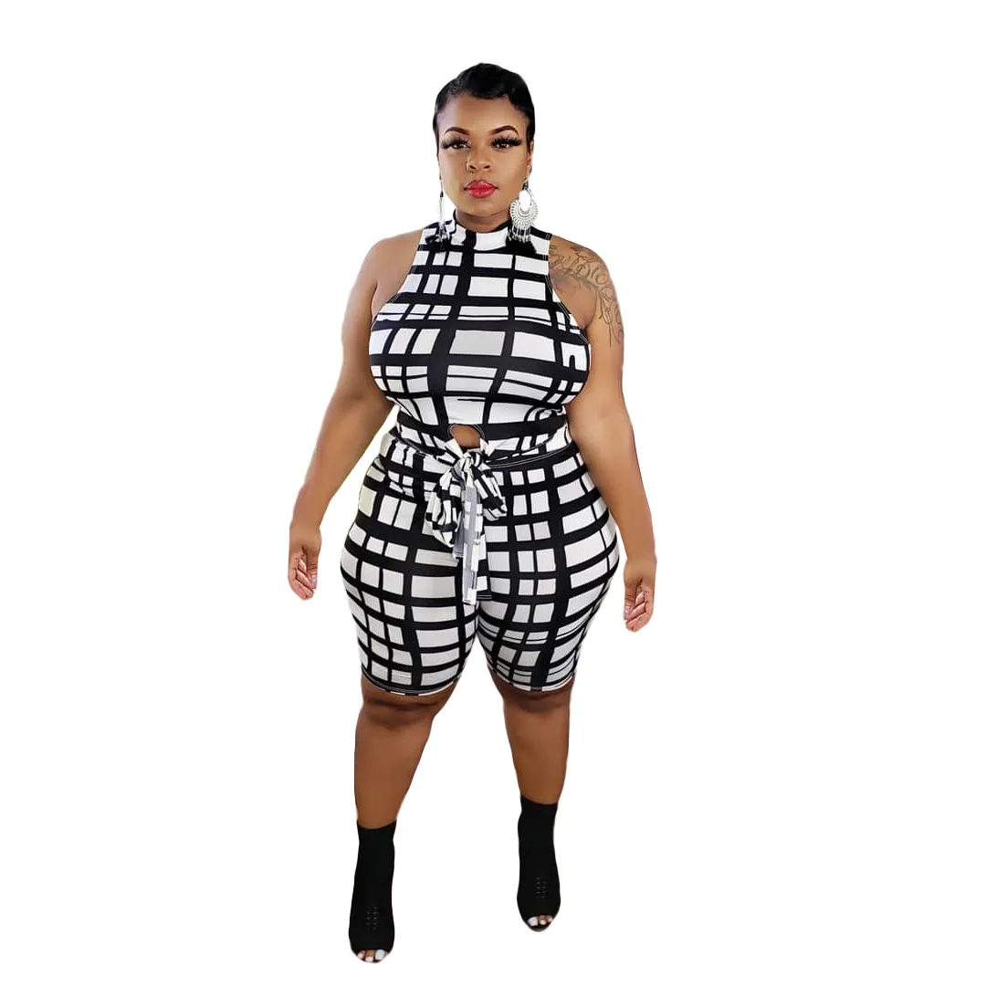 Женский Повседневный костюм-двойка клетчатые шорты без рукавов с принтом -