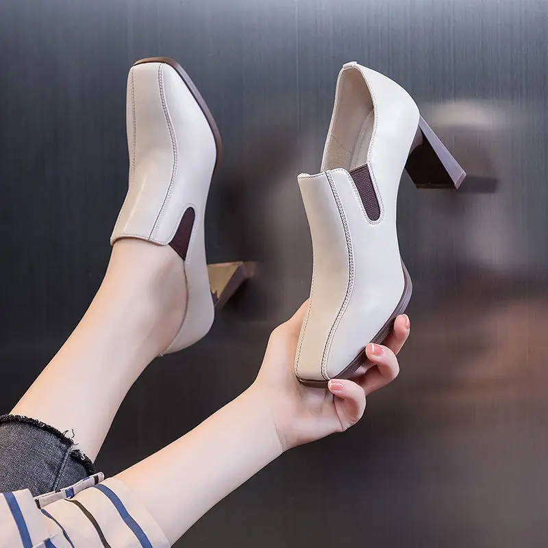 

FHANCHU 2022 New Microfiber Leather High Heels Woman,Fashion Square Toe Work Shoes,Women Pumps,Slip on,Black,Beige,Dropship