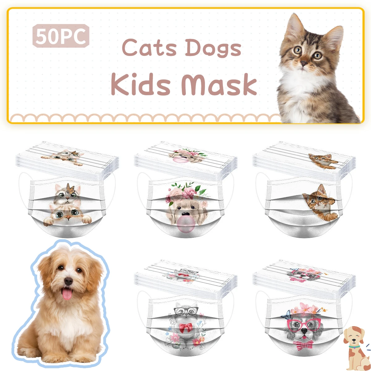 

50pc Disposable Children Mask Cute Dogs Facemask 3ply Ear Loop Aesthetic Flowers Kids Mask Mascarillas Masque Halloween Cosplay