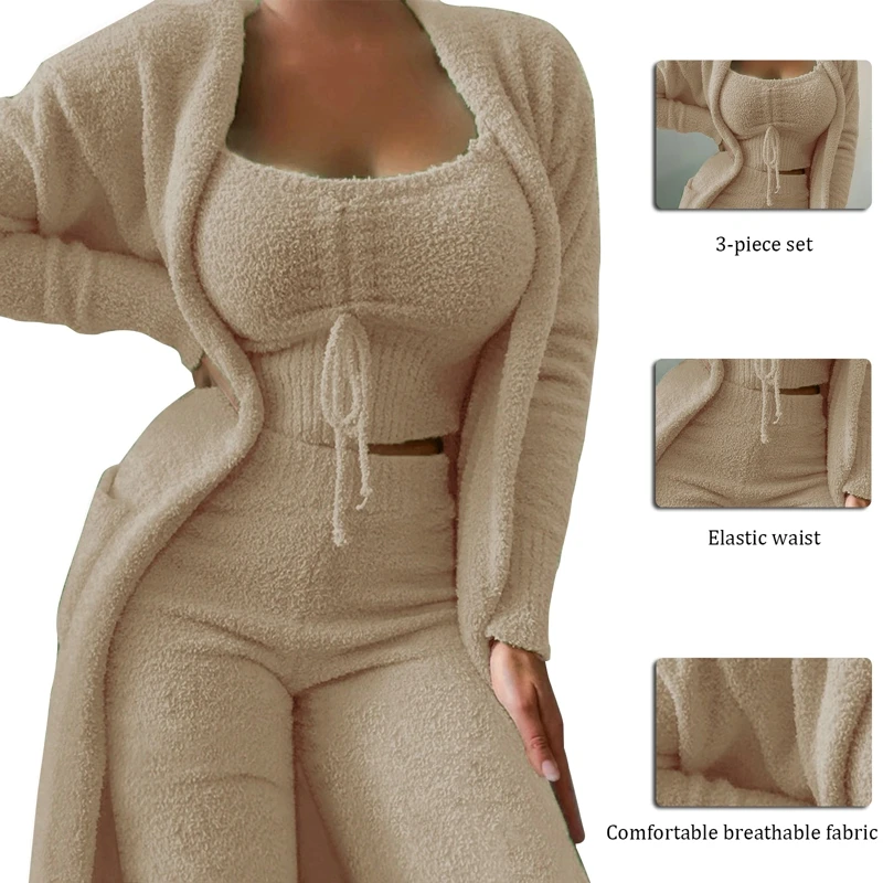 Winter Women Warm Nightwear 3 Piece Sets Plush Velvet Pajama Sleepwear Tank Tops +Pants + Cardigan Coat Tracksuit Loungewear