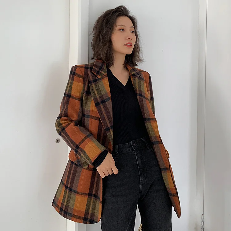 

Plaid Woolen Winter Women Blazer Retro Vintage Brown Color Checked Slim With Belt Ladies Tweed Jacket Female Wool Coat