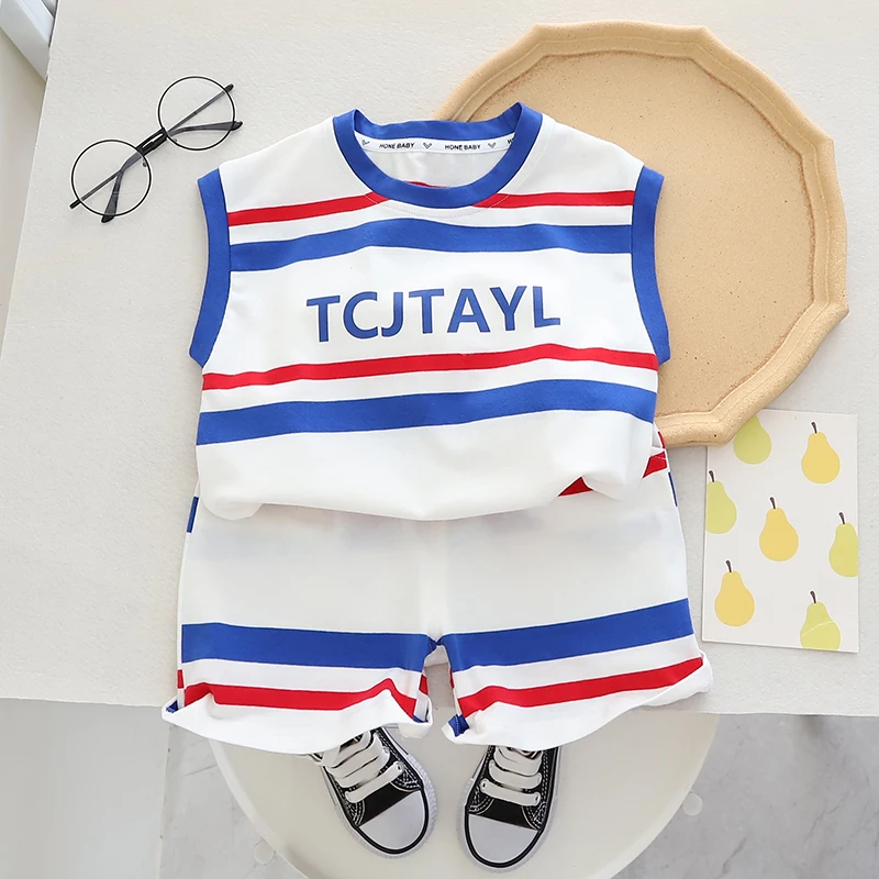 

New Baby Boys Girls Summer Clothes Cotton Sports Leisure stripe vest T Shirt Shorts Children Clothing Tracksuits Set 0-5 Years