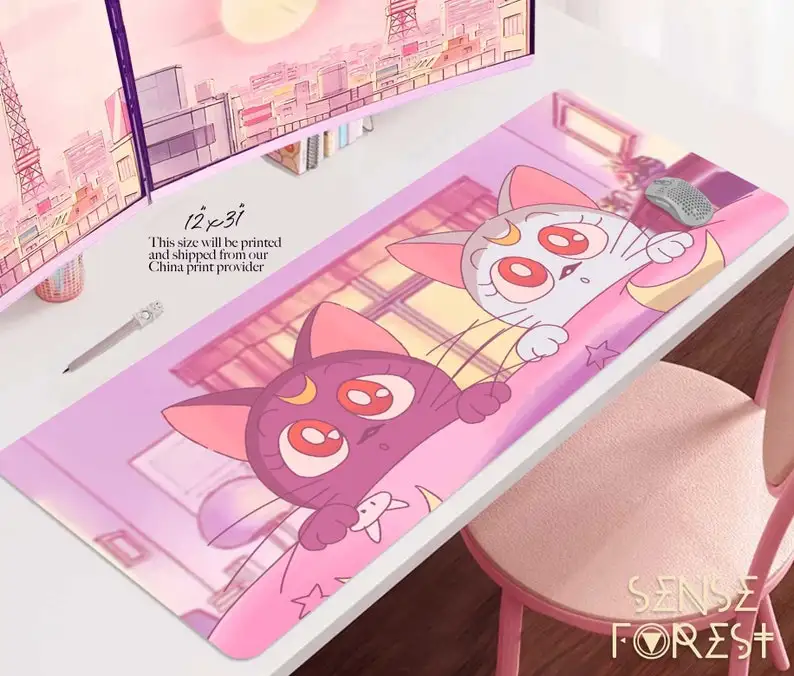 

Luna and Artemis Mousepad, XXL Gaming Kawaii anime cats desk mat, Extended Pink desk mat, Retro Anime mouse pad girl gamer wrist