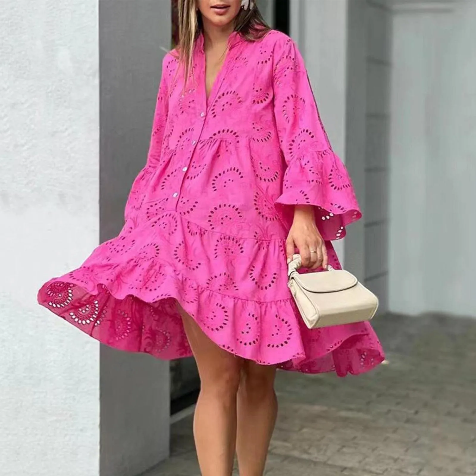 Vintage Solid Lace Hollow Out Dress Fashion V-neck Flare Sleeve Embroidery Vestidos Women Sexy Summer Loose Pattern Mini Robe