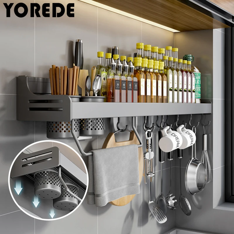 

YOREDE Punch-Free Kitchen Shelf Chopsticks Knife Holder Jars For Spices Rack Home Organization Wall Supplies Kitchen Accessories